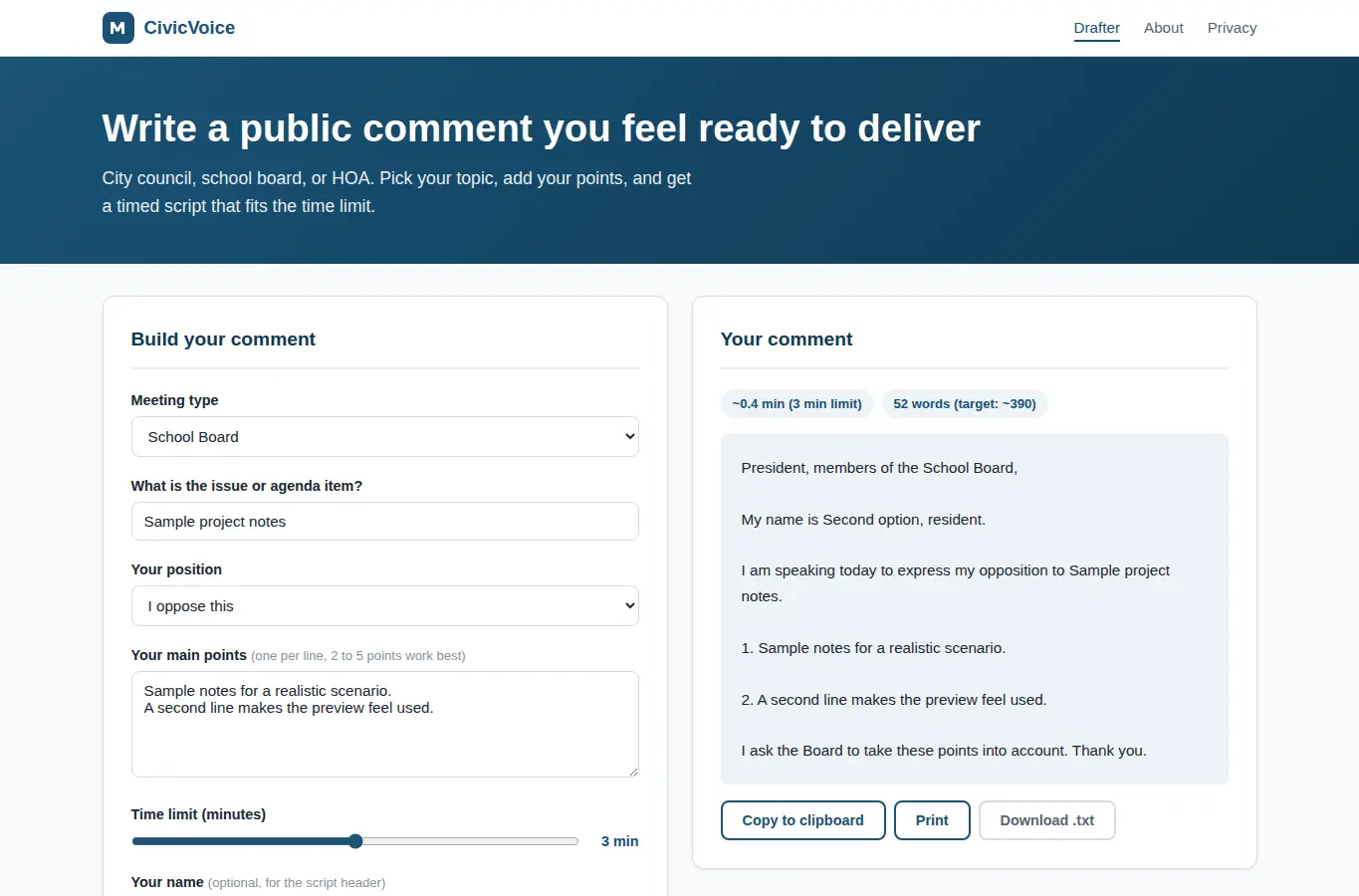 Screenshot of CivicVoice: Public Comment Drafter for Local Meetings interface showing the project page in use